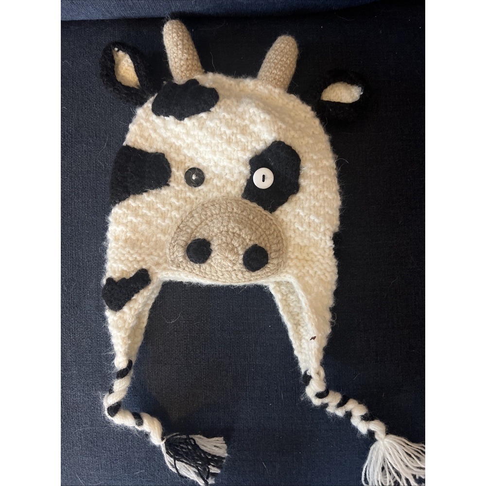 Andes Gifts Kids Cow Knit Trapper Hat Alpaca Blend Earflap White Black 1-2Y